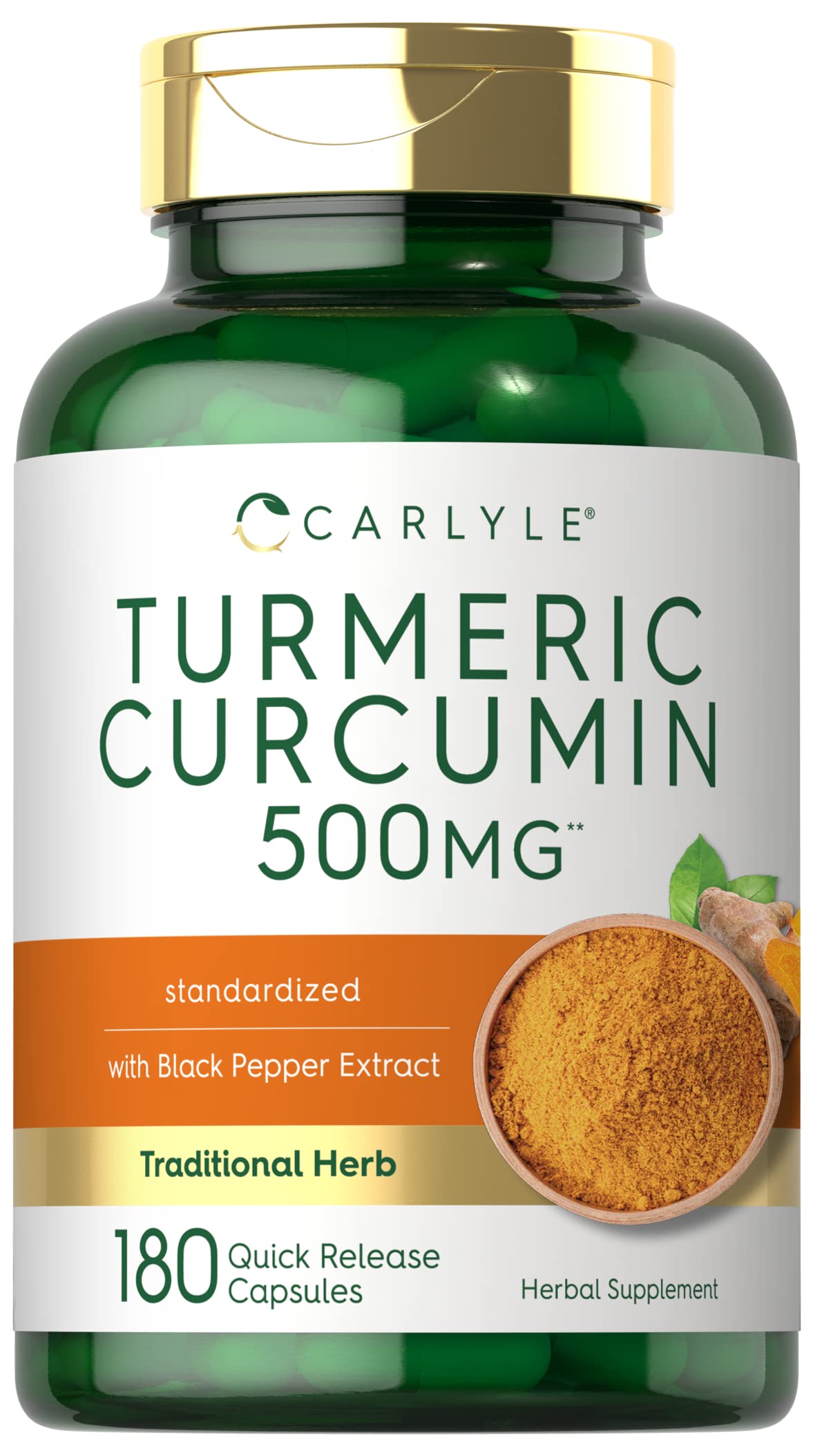 Carlyle Turmeric Curcumin Supplement - 180 Capsules - with Black Pepper Extract - Non-GMO & Gluten Free