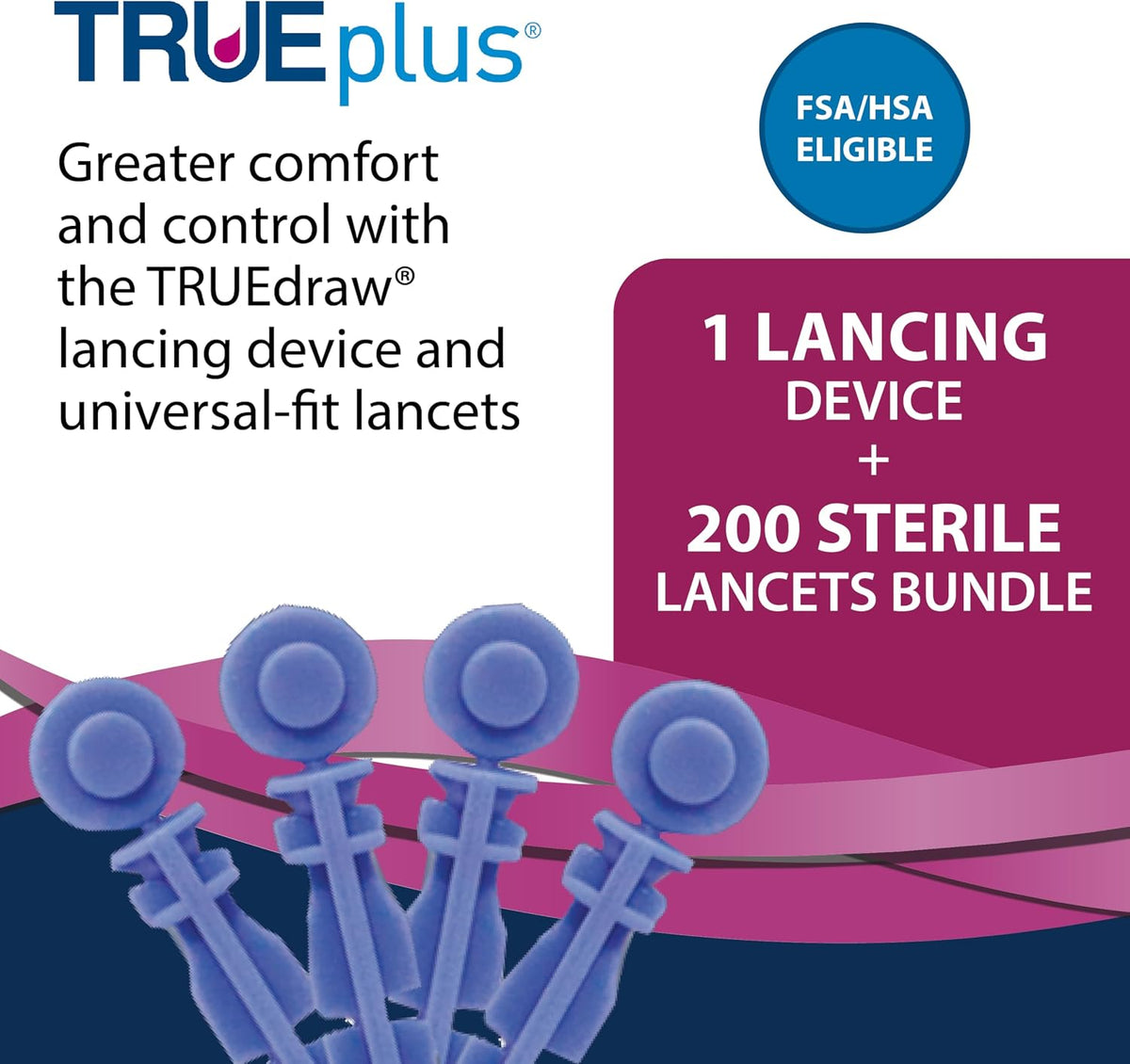 TRUEplus Lancets Bundle (30G), 200 Lancets, Lancing Device, Log Book - Blood Glucose Testing Supplies for Home Use, Includes 200 Sterile 30G Lancets (2 x 100ct), Lancing Device, Log Book