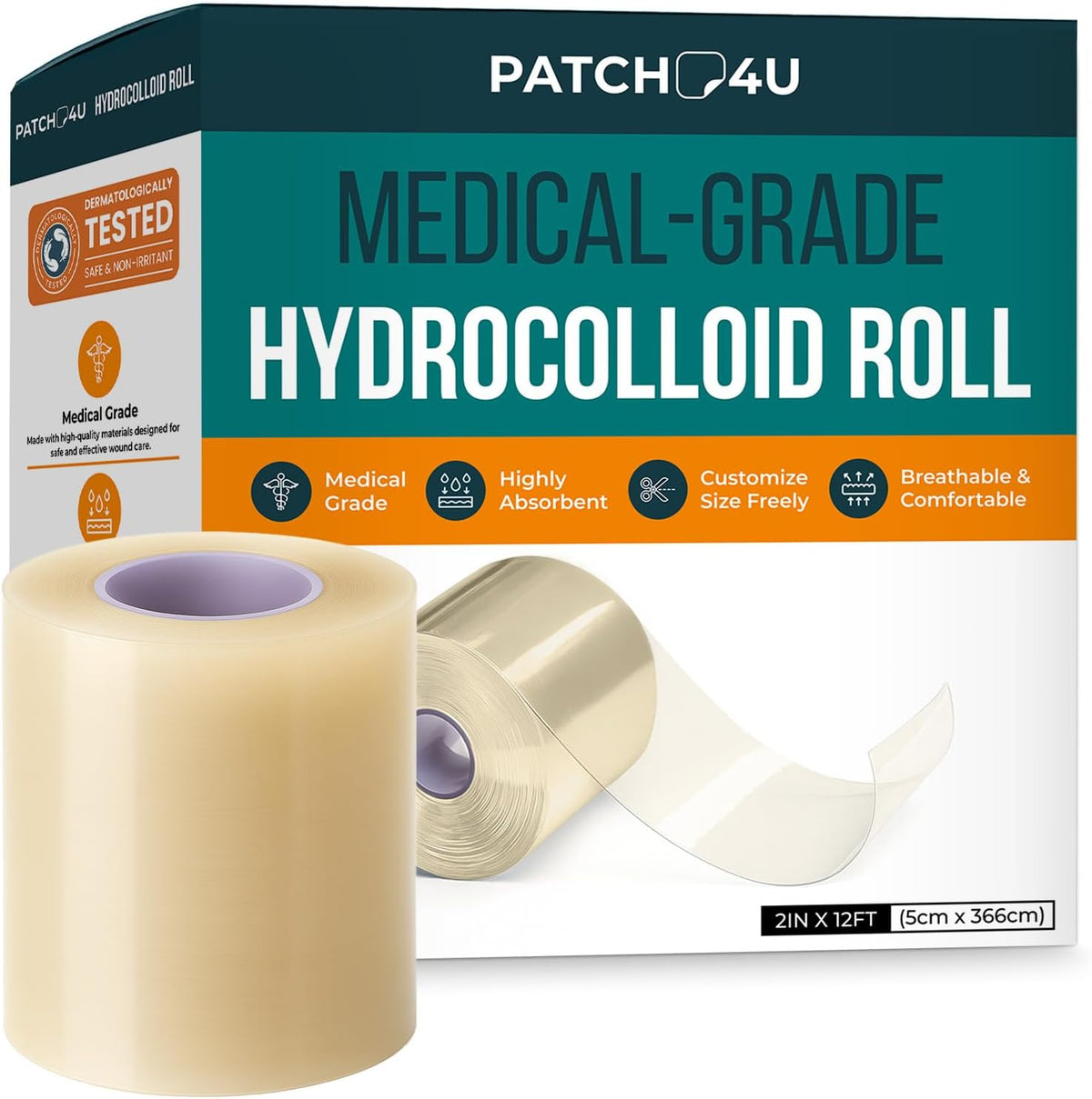Hydrocolloid Roll for Wound Care, Hydrocolloid Patch Bandages - Self-Adhesive, Bed Sore Bandages, Highly Absorbent For Burn, Blister, Acne Care, Sterile And Waterproof (2in X 12ft)