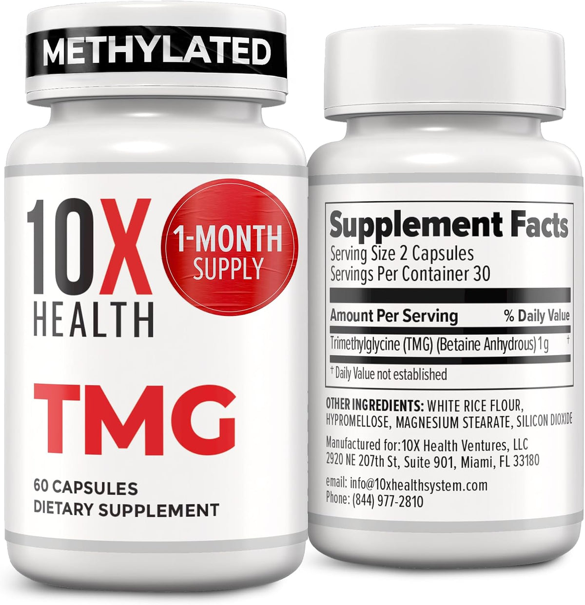 10X Health Tmg Supplements - 60 Capsules - Trimethylglycine: Betaine Anhydrous, Liver & Heart Support, Non-GMO & Gluten-Free