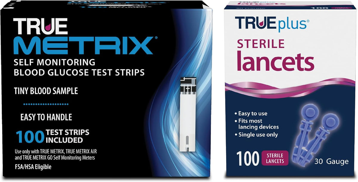 TRUE METRIX Glucose Test Strips 100 Count, TRUEplus 30G Lancets 100 Count - Blood Glucose Test Strips and Lancets, Compatible with TRUE METRIX Family of Self Monitoring Blood Glucose Meters