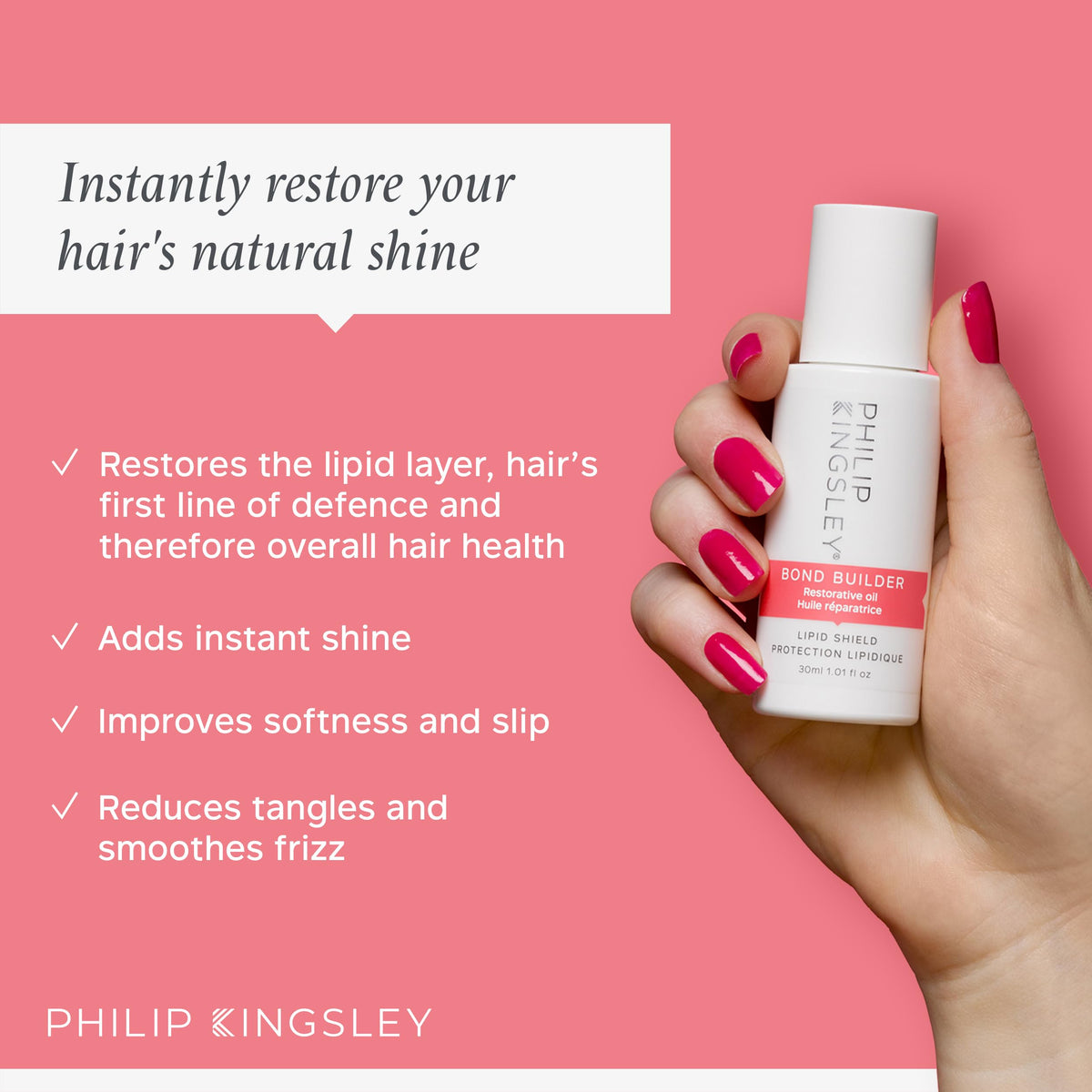 PHILIP KINGSLEY - Bond Builder Lipid Shield - Restorative Hair Oil Treatment for Dry and Damaged Hair - Heat Protectant Hair Moisturizer that Replenishes Dry and Damaged Hair - 1.01oz