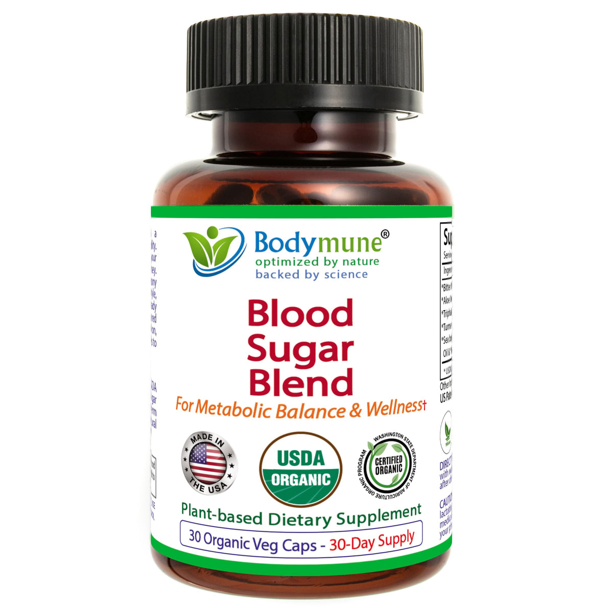 Bodymune Blood Sugar Blend - Organic Blood Sugar Support Supplement - with Bitter Melon Capsules, Moringa, & Black Seed Oil - 66 Capsules - USDA Organic, Vegan, Non-GMO
