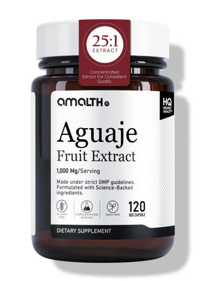 Amalth Aguaje Fruit Extract supplement bottle on a white background