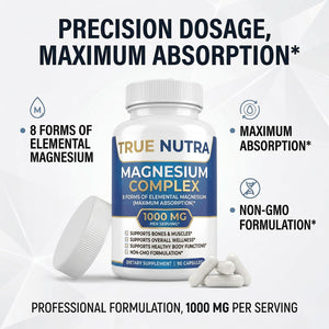 True nutra Magnesium Complex，Advanced 8-in-1 Magnesium Blend，Glycinate, Citrate, Malate, Taurate etc，High Formula，90 Capsules true nutra buy supplements Au