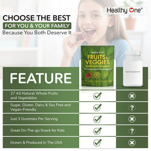 Fruits & Veggies Sugar-Free Gummies - 27 Whole Foods - Equals 3 Servings of Fruits & Vegetables - Improve Energy, Focus & Immune Function - Fiber - Antioxidants - Organic Ingredients - 14 Packets Healthy One buy supplements Au