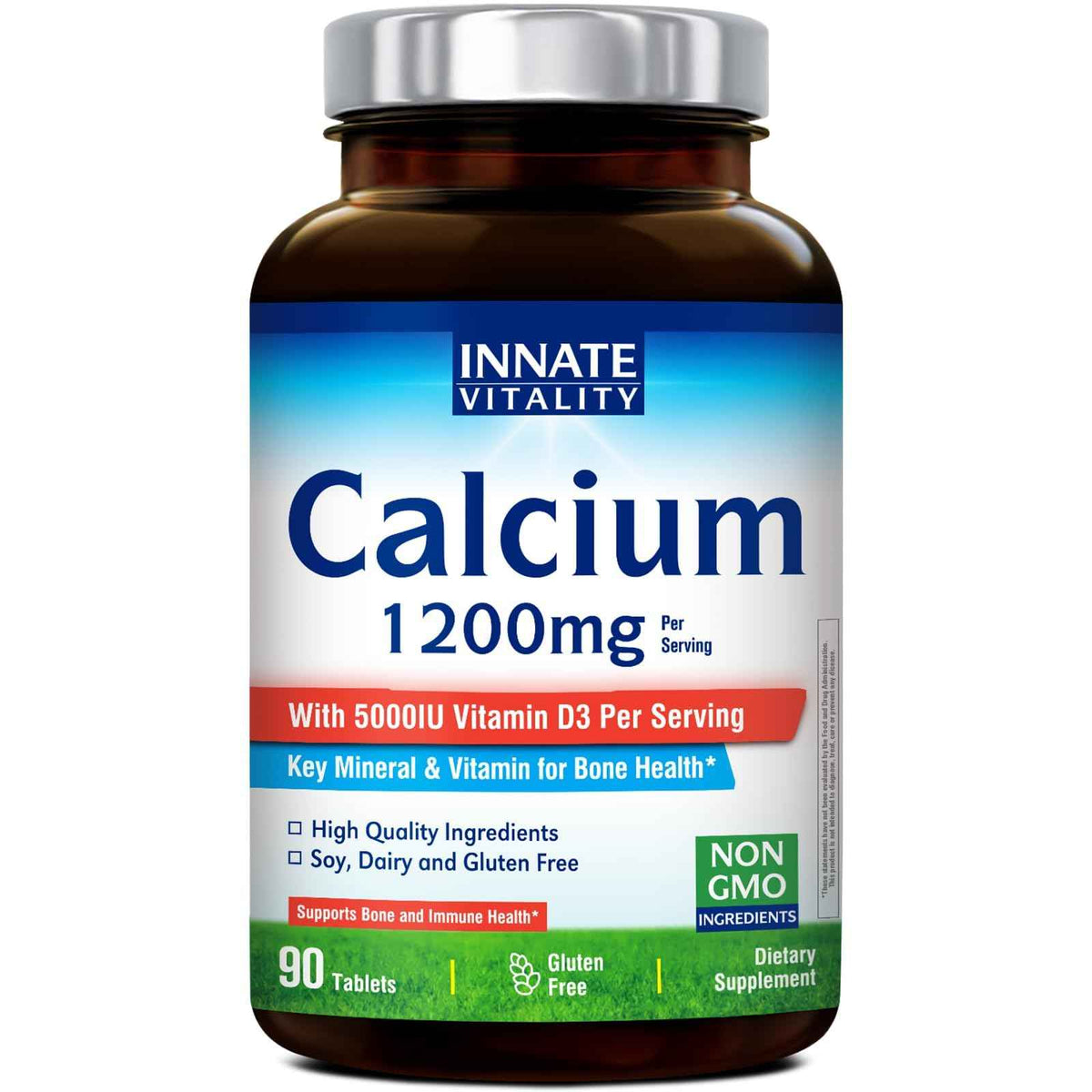 Innate Vitality Calcium 1200 mg with Vitamin D3, 5000IU Vitamin D3, Absorbable Calcium Supplement, Non GMO, No Gluten, for Bone, Immunity, 90 Tablets