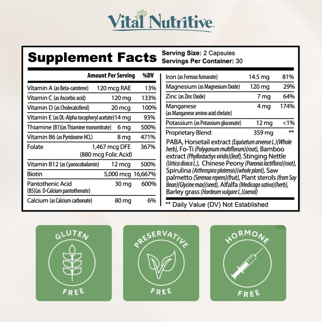 VITAL NUTRITIVE Vital Hair Complex - Biotin & Vitamin B Hair Vitamins for Women & Men - Supports Healthy Hair, Skin & Nails - Hormone-Free, Gluten-Free