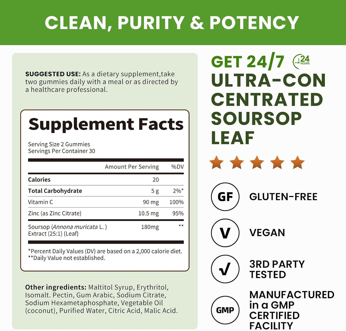 (2 Pack) Soursop Gummies - Soursop Leaves Concentrated Extract for Immune - Herbal Extracts w/Vitamin C, Zinc & Natural Food for Liver, Calming & Antioxidant, Sugar Free, Gluten Free, Vegan, 60 Gummies