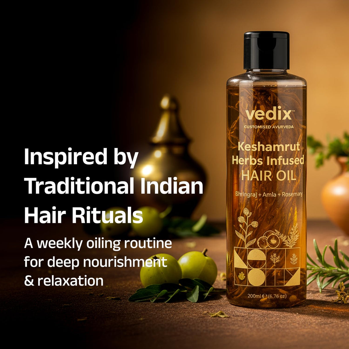 Vedix Keshamrut Herbs Infused Ayurvedic Hair Oil With Bhringraj, Amla & Rosemary I Control Hair Fall & Boost Hair Growth I 16+ Whole Herbs, Leaves & Flowers I No Mineral Oils & Chemicals (200ml)