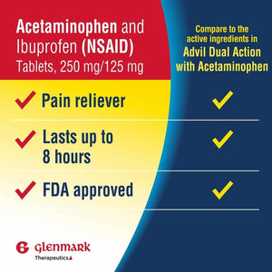 Dual Action Acetaminophen 250mg and Ibuprofen 125mg Caplets, Up to 8h of Pain Relief for Minor Aches and Pain, Headaches, Toothache, Backache, Menstrual Cramps, Minor Arthritis Pain, 216 Count Glenmark TherapeuticsBuy Supplements Australia