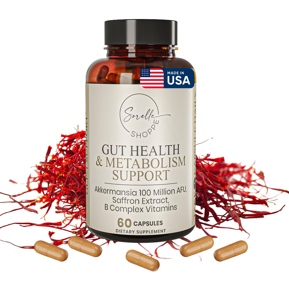 SORELLE SHOPPE Akkermansia Muciniphila Probiotic + Saffron + B Complex - Core Gut Health & Daily Wellness - Mood & Metabolism Support