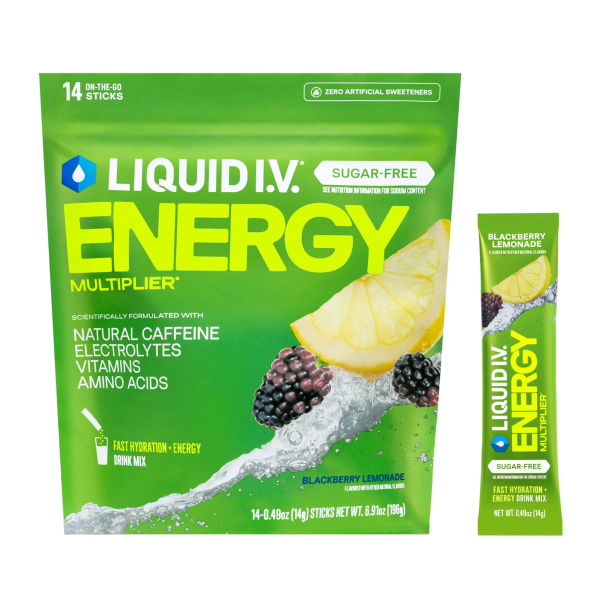 Liquid I.V. Hydration Multiplier Sugar-Free + Energy - Blackberry Lemonade - Electrolyte Powder Drink Mix - 1 Pack (14 Servings)