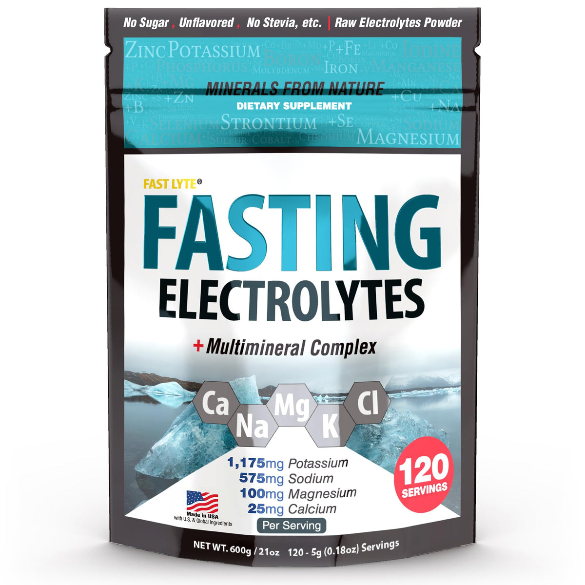 Fast Lyte Fasting Electrolyte Supplement Powder - No Sugar Unflavored Raw Electrolytes - 25% RDI Magnesium and Potassium with Trace Minerals - Carnivore & Keto Friendly