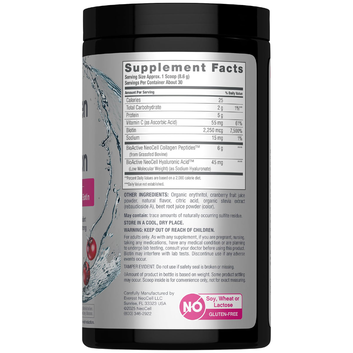 NeoCell Collagen Peptides Powder - 9.1 oz - Grass Fed Bovine - with Biotin and Hyaluronic Acid - Cranberry Cocktail Flavored
