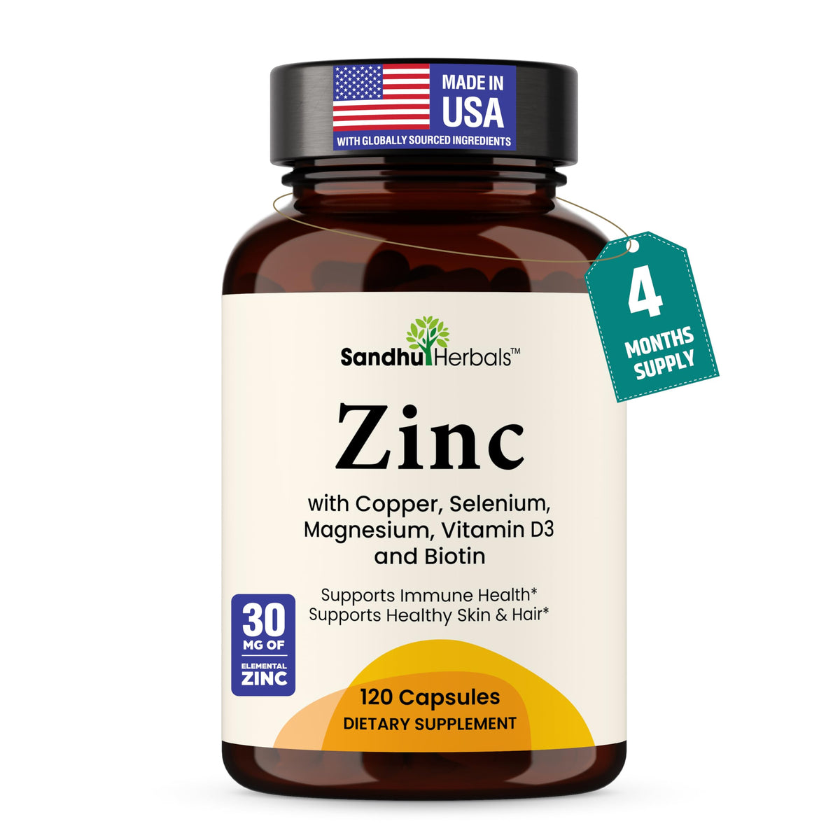 Zinc 30mg With Copper, Selenium & Vitamin D3 - 120 Capsules - Magnesium, Vitamin B6, Biotin - Absorbable Zink Supplements for Men & Women - Chelated Zinc