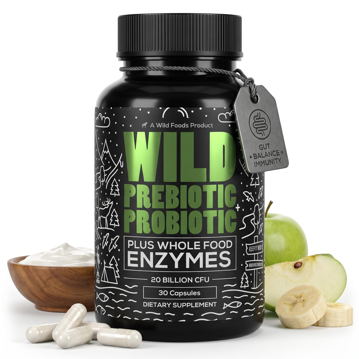 Wild Prebiotics and Probiotics with Digestive Enzymes - 20 Billion CFU - 10 Strains for Women & Men - Support Gut Health & Digestion Supplements - Non-GMO Prebiotic Fiber - 30 Capsules