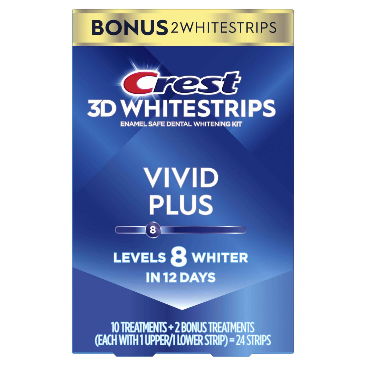 Crest 3D Whitestrips Vivid Plus, Teeth Whitening Strip Kit, 10 Treatments + 2 Bonus Treatments (Each with 1 Upper/1 Lower Strip), 24 Strips