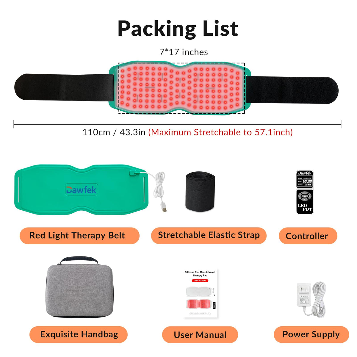Dawfek Red Light Therapy Belt for Pain Relief Silicone Wearable Near Infrared Light Wrap Deep