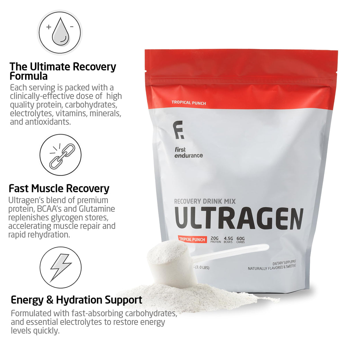 First Endurance Ultragen Recovery Drink - Post Workout Protein & Energy Boost Tropical Punch 15 Servings