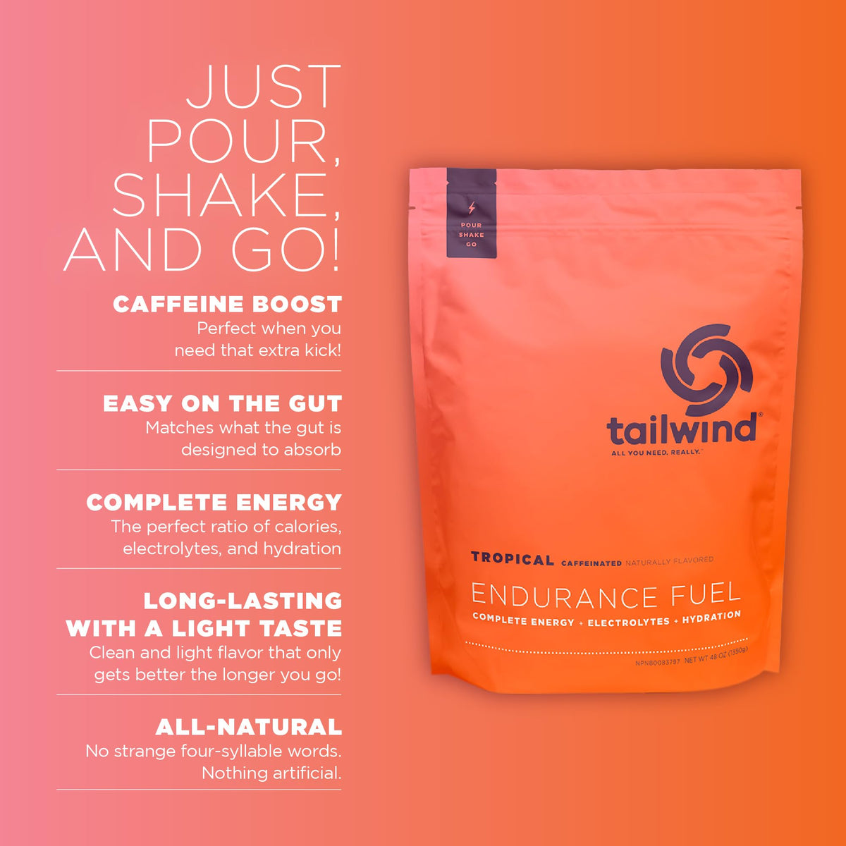 Tailwind Nutrition Endurance Fuel Caffeinated - Carb & Electrolyte Drink Mix Tropical Buzz 30 Servings