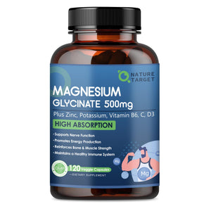 NATURE TARGET Magnesium Glycinate 500mg, Chelated Magnesium with Zinc & Vitamin D3 for Muscle, Nerve & Bone, Support Heart Health & Leg Cramp, Strength Immune System - 120 Capsules NATURE TARGETBuy Supplements Australia