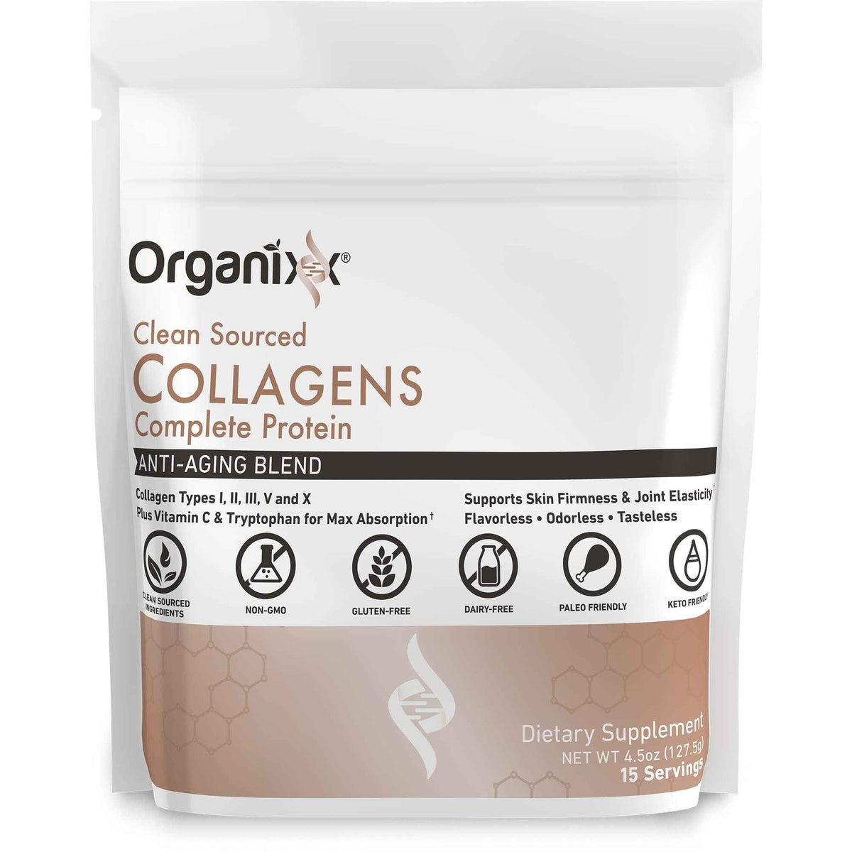 Organixx Clean Sourced Collagen Peptides Powder with Vitamin C, Types I, II, III, V, X Hydrolyzed Collagen, Hair, Nail, Skin, Bone & Joint Health,