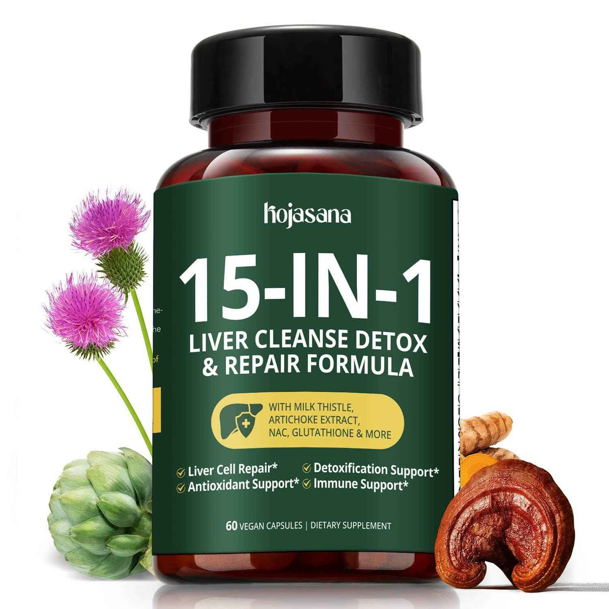HojaSana Milk Thistle Liver Support - 80% Silymarin, 15-in-1 Formula with Glutathione, NAC, Turmeric, Artichoke and Reishi - Antioxidant, Metabolism