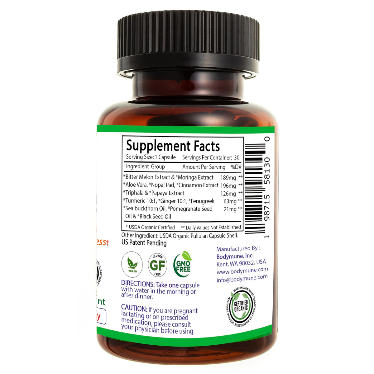 Bodymune Blood Sugar Blend - Organic Blood Sugar Support Supplement - with Bitter Melon Capsules, Moringa, & Black Seed Oil - 33 Capsules