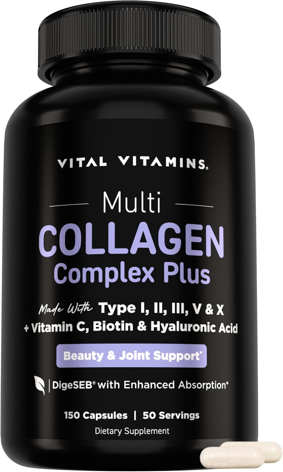 Vital Vitamins Multi Collagen Complex Plus Biotin, Hyaluronic Acid & VIT. C - Hair, Skin, & Nails Supplements for Women and Men, 5 Collagen Types I II III V & X, 150 Capsules