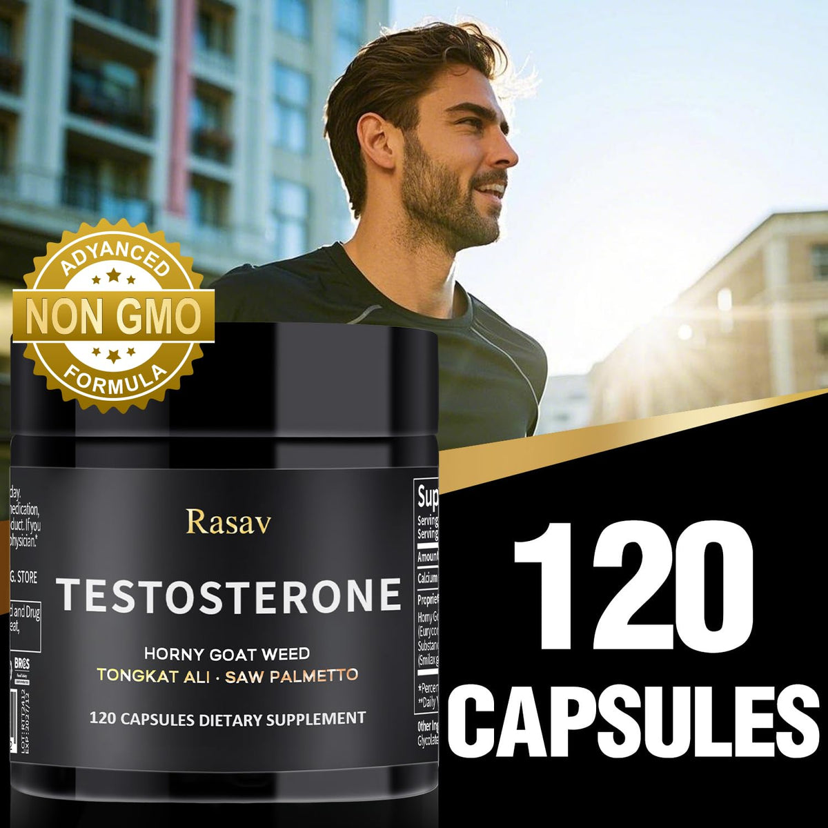 Rasav Horny Goat Weed & Tongkat Ali Testosterone Booster for Men - Energy, Stamina, Strength & Muscle Support - 120 Capsules