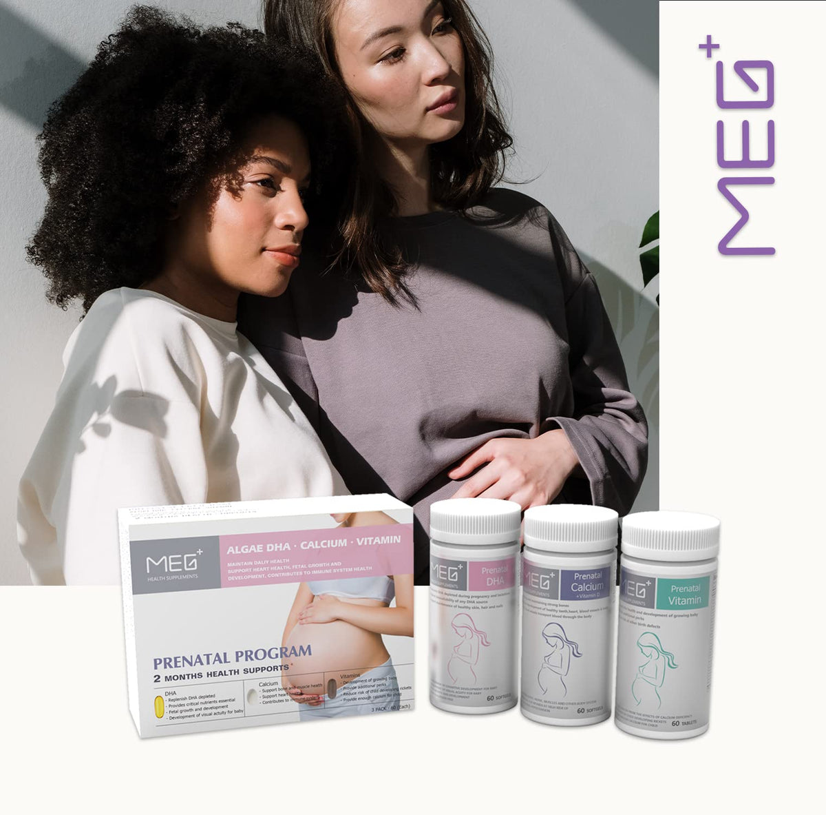 MEG+ Prenatal Supplement DHA Calcium Vitamin - 2-Month Supply 180 Counts - Omega-3 DHA Algal