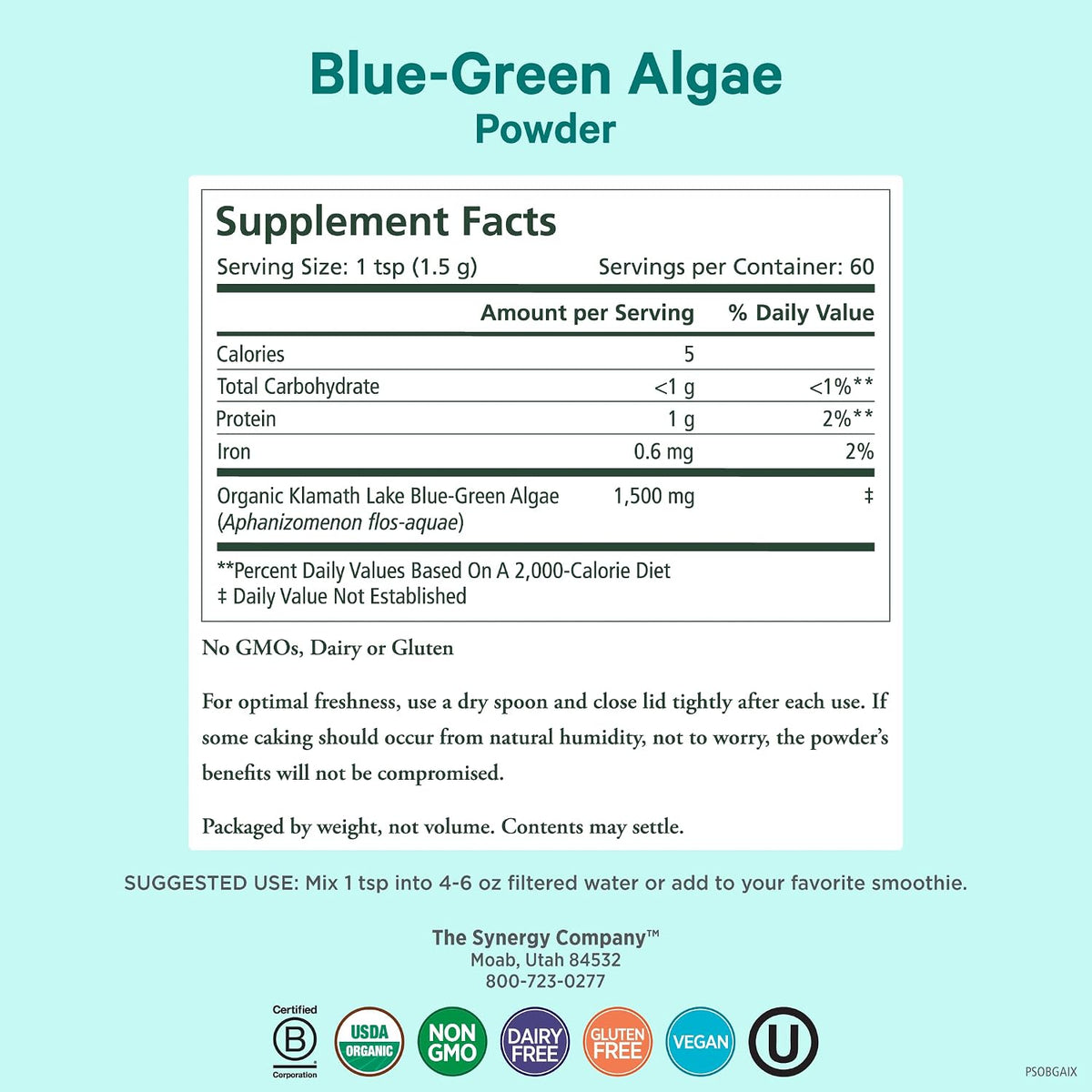 PURE SYNERGY Blue-Green Algae Powder - Superfood Powder with Chlorophyll - Organic AFA Blue Green Algae Supplement - Supports Energy, Mental Clarity, and Detoxification (3.2 oz.)