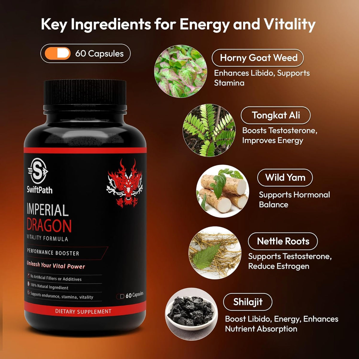 Swift Path Venture Imperial Dragon Men’s Vitality Support - Daily Energy, Endurance & Wellness Formula 60 Capsules