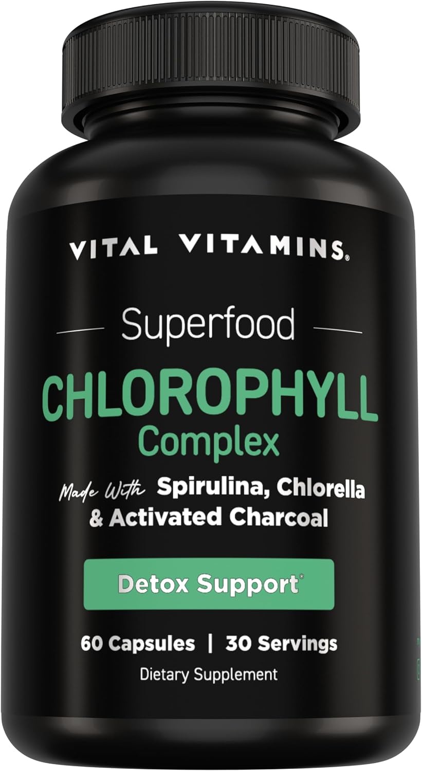 Vital Vitamins Chlorophyll Pills with Spirulina, Chlorella & Charcoal - Detoxifies & Freshens from Within, Natural Body Deodorizer, Superfood Complex for Women & Men, 60 Capsules