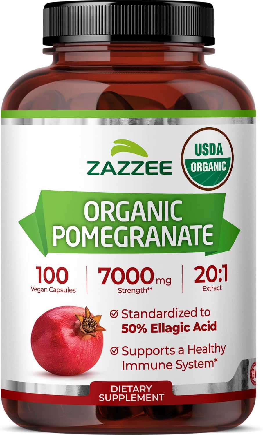 Zazzee USDA Organic Pomegranate 20:1 Extract, 50% Ellagic Acid 100 Capsules - Vegan, 3+ Month Supply, Punica Granatum, Antioxidant, Immune & Polyphenol Support, All-Natural, Non-GMO, Made in the USA