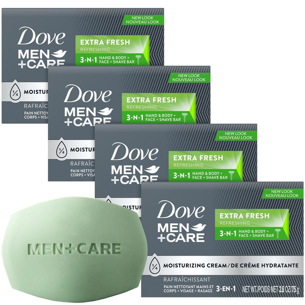 Dove Men+Care Soap Bar, Extra Fresh Scent 4-Pack - Hydrating 3-in-1 Body, Hand, and Face Cleanser for Men, 2.6 Oz Ea