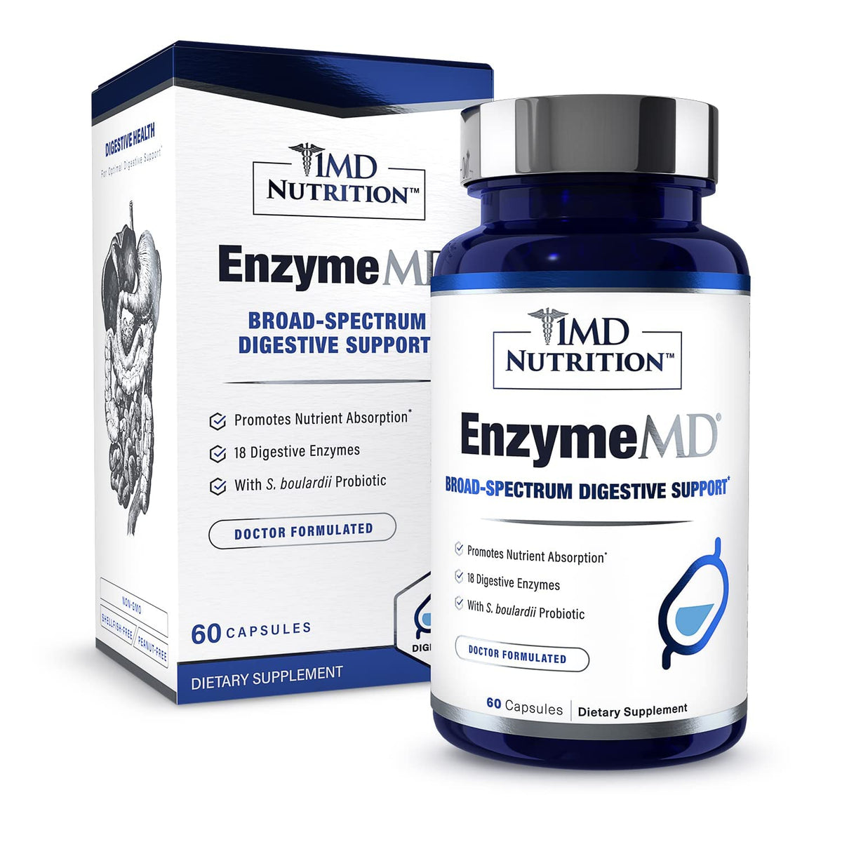 1MD Nutrition EnzymeMD - Digestive Enzymes Supplement - Doctor Formulated - 18 Plant-Based Enzymes - Gas & Bloating Support - 60 Capsules