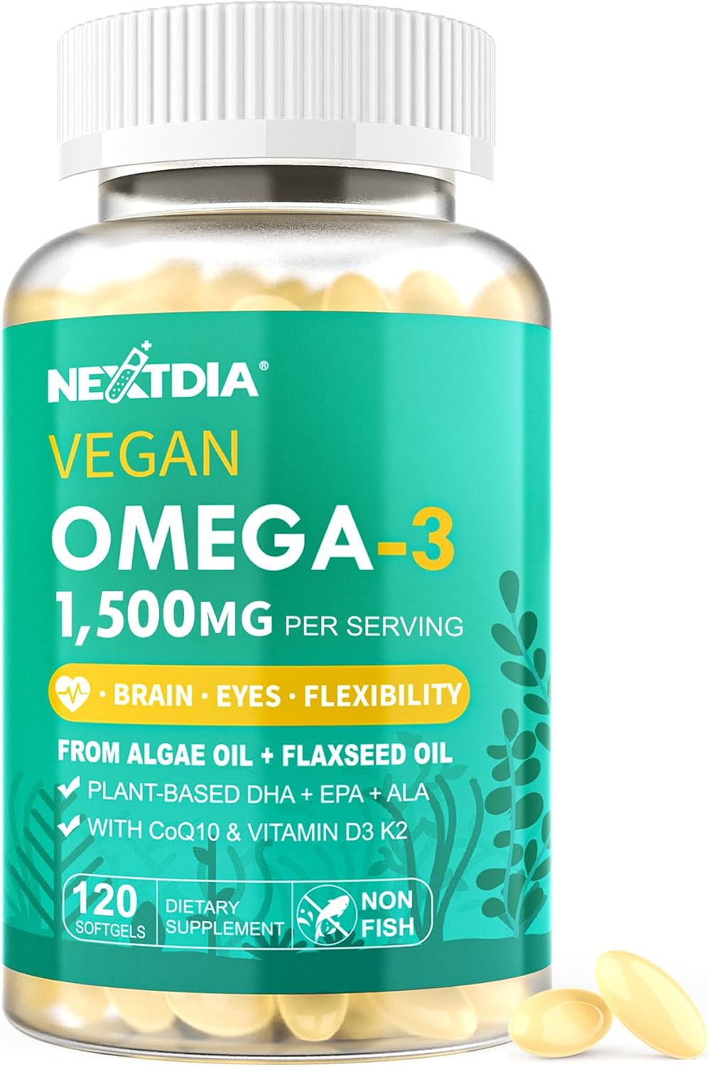 Vegan Omega 3 EPA DHA ALA Supplement + CoQ10, Vitamin D3 K2 (MK7) for Women Men - 1500mg Algae Oil as Fish Oil Alternative - Plant Based Omega 3 Mini Softgels for Bone, Brain, Eye, Skin - 120 Pills