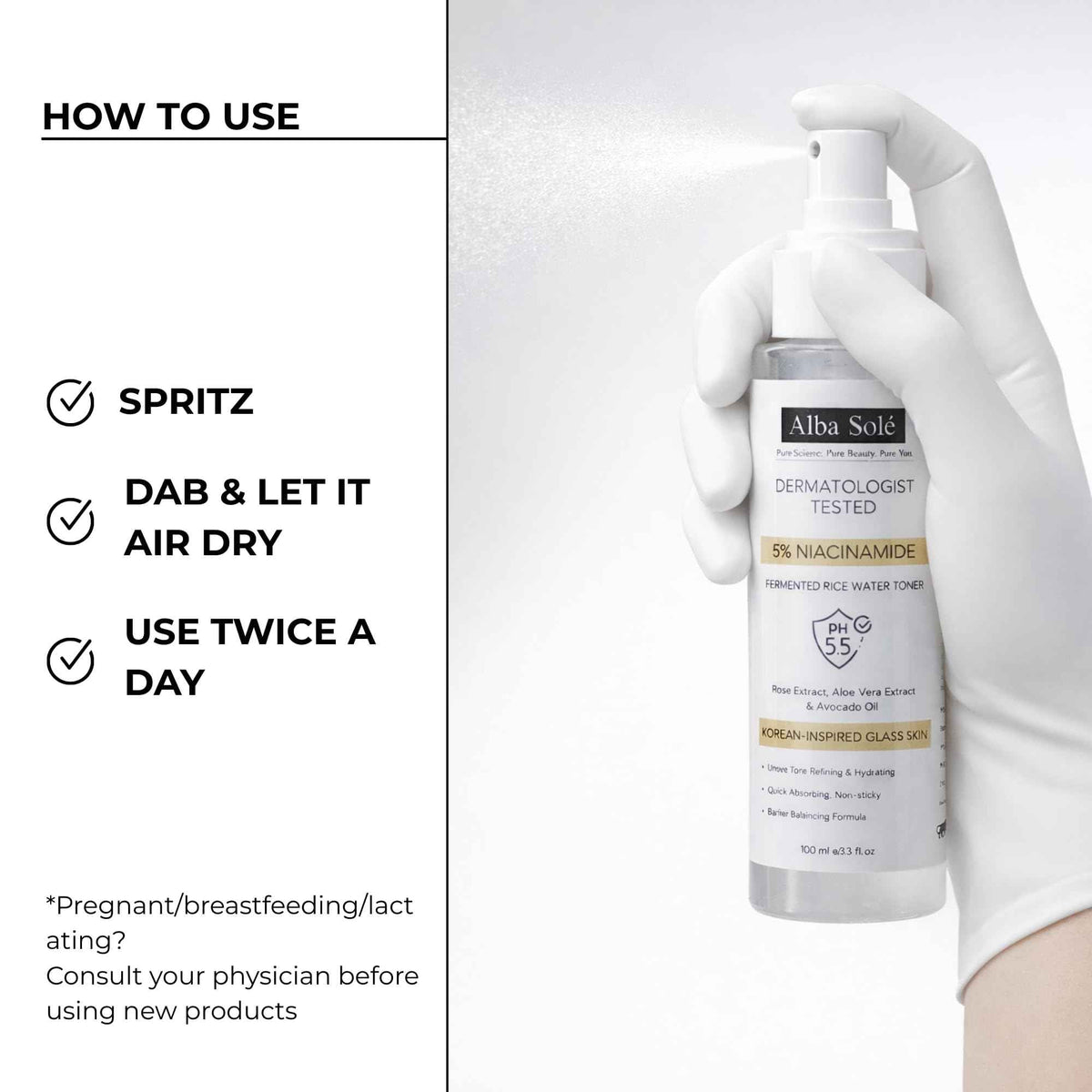 Alba Solé 5% Niacinamide Face Toner with Fermented Rice Water | pH 5.5 Balancing Toner | Hydrates, Refines Pores & Brightens for Glass Skin