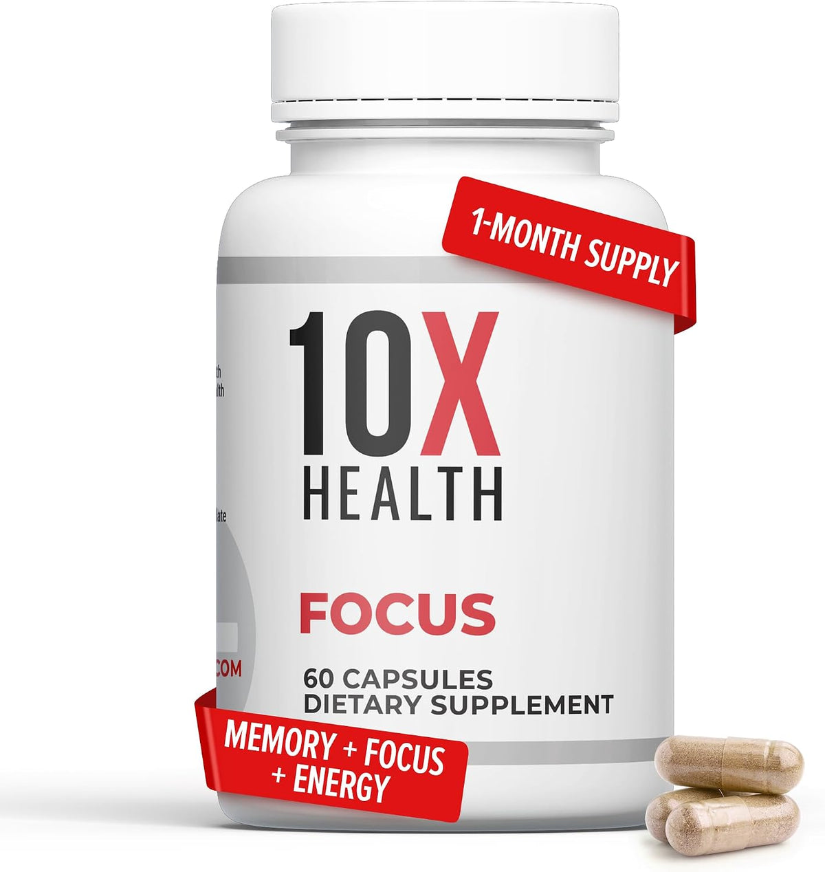 10X Health Focus Supplement - 60 Capsules - Brain Supplements for Memory and Focus: Rhodiola Rosea & Huperzine A, Memory Support, 60 Capsules, Non-GMO