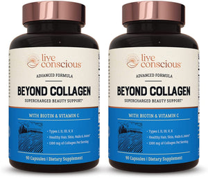 Live Conscious Beyond Collagen Multi Collagen Capsules - Types I, II, III, V & X | Hydrolyzed Blend with Biotin & Vitamin C for Hair, Skin, Nails 90 Capsules (2-Pack) Live ConsciousBuy Supplements Australia