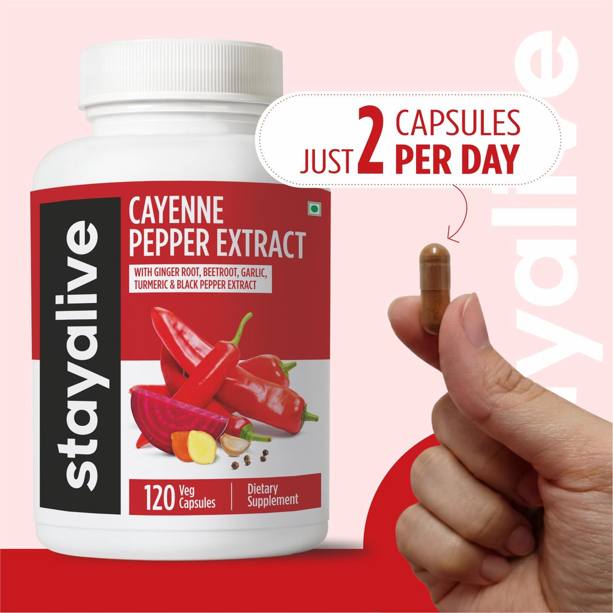 STAY ALIVE Cayenne Pepper Capsules, 6-in-1 Capsicum Blend w/Ginger, Garlic, Turmeric, Beet Root, and Black Pepper Extract, 120 Cayenne Capsules