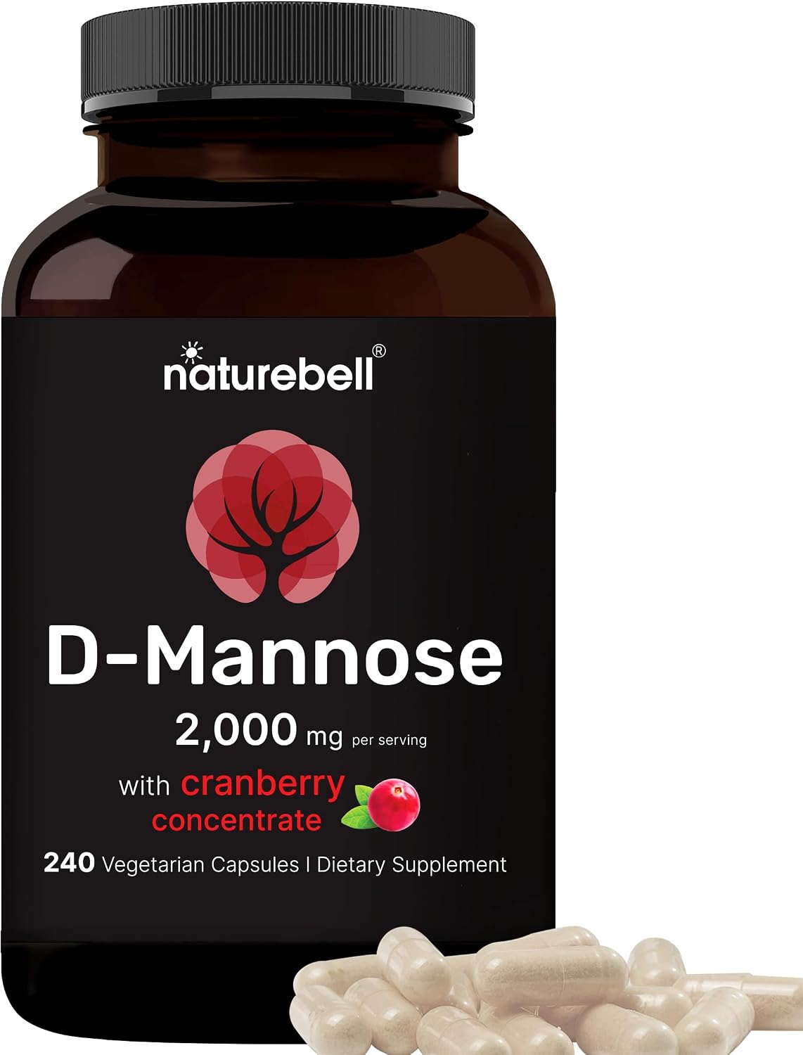 NatureBell D-Mannose 500mg Capsules (2,000mg Per Serving) - 240 Veggie Capsules + Cranberry Concentrate 40mg - Fast Acting Urinary Tract Health Pills - Ultra UTI Support for Women & Men