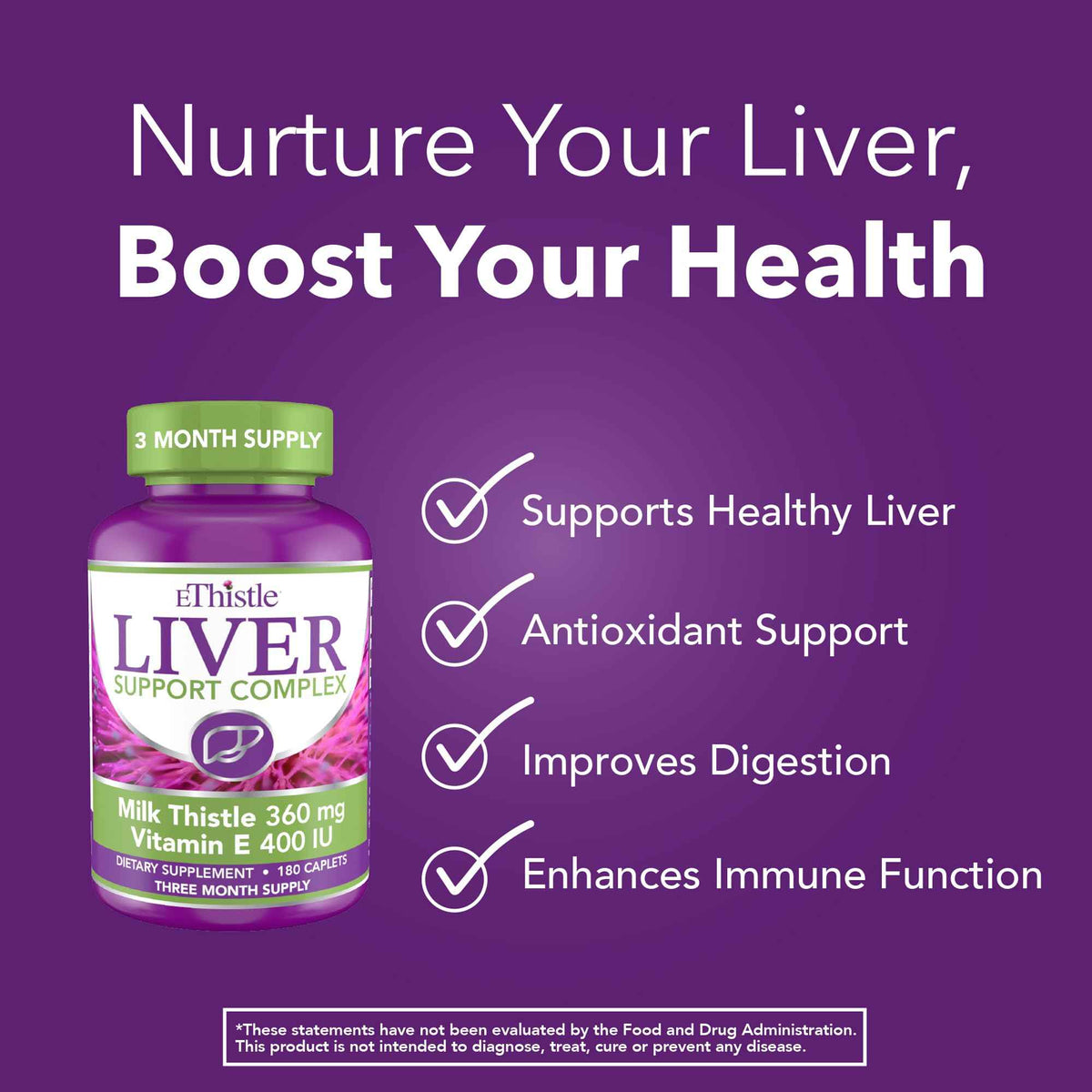EThistle Liver Wellness Dietary Supplement, Milk Thistle & Vitamin E Liver Health Formula, Caplets 180 Count