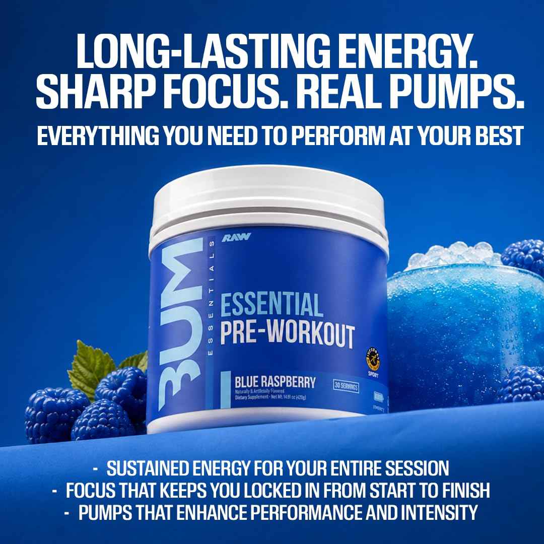 RAW Nutrition - Essential Pre - Chris Bumstead Pre Workout Formula, Sports Nutrition Pre-Workout Powders | Men & Womens Drink, Energy Powder for Working Out (Blue Raspberry)