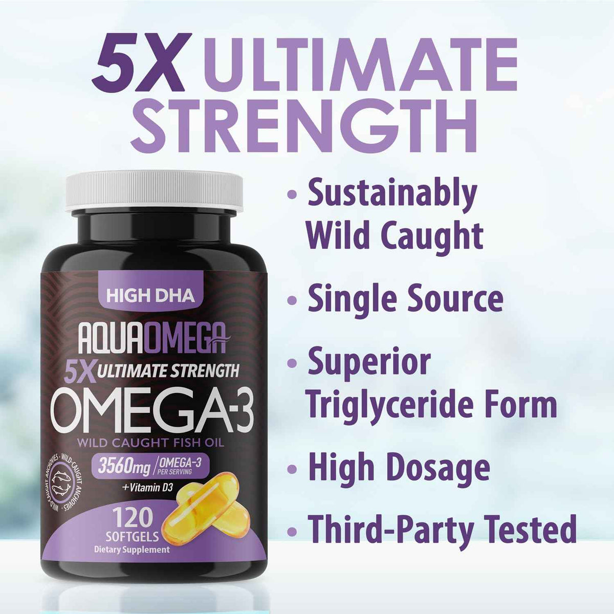 5X Ultimate Strength Omega 3 Fish Oil Supplements with High DHA and EPA Omega 3 Fatty Acids, Fish Oil Supplement with Vitamin D