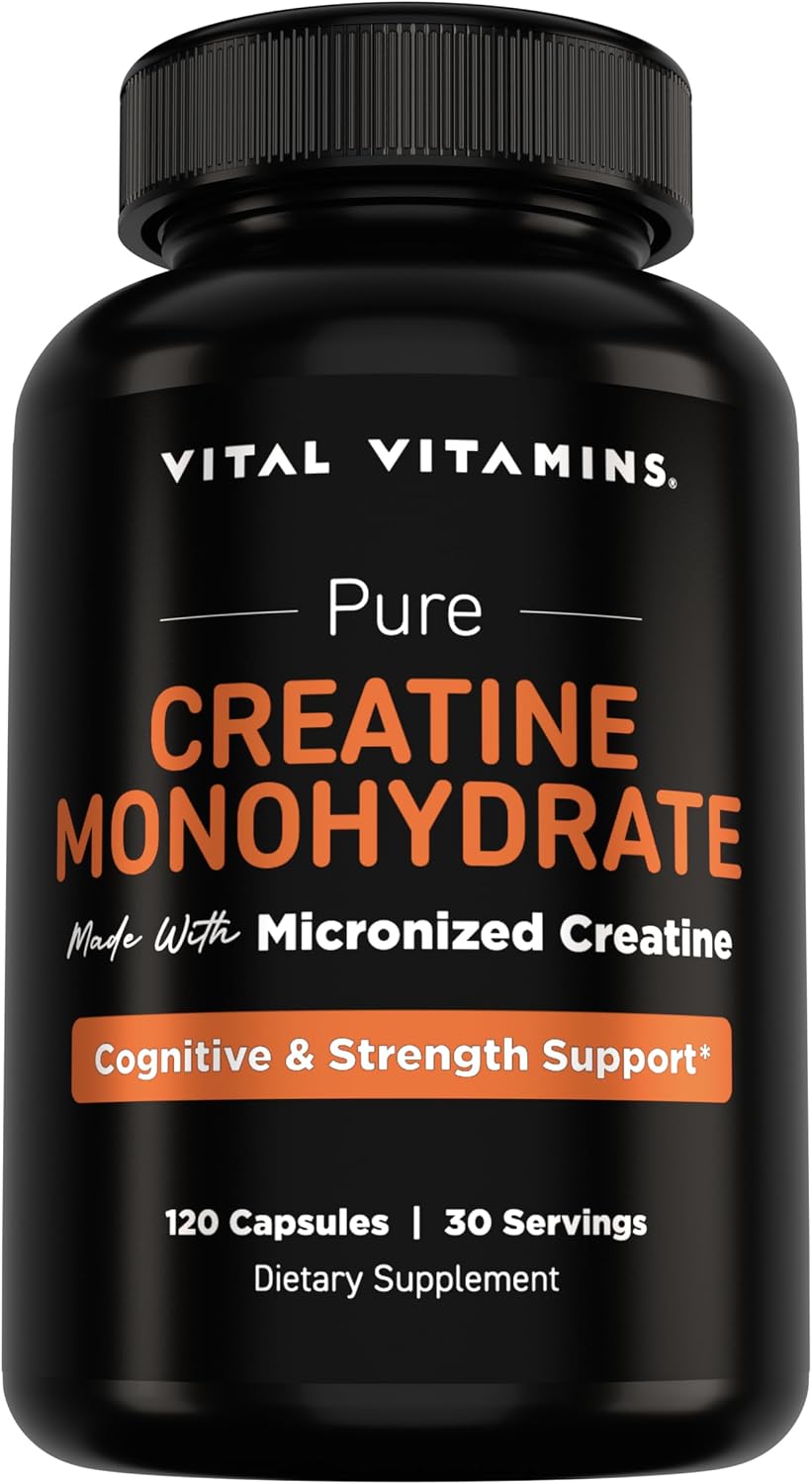 Vital Vitamins Creatine Monohydrate Pills, 3g for Women & Men - Supports Muscle Health, Energy & Cognitive Clarity, Micronized, Easy to Swallow, Non-GMO, 120 Capsules