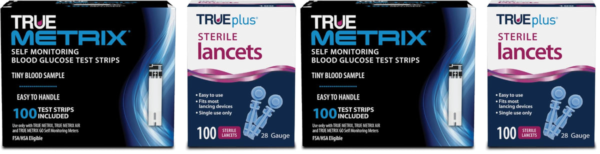 TRUE METRIX Glucose Test Strips 100 Count, TRUEplus 30G Lancets 100 Count - Blood Glucose Test Strips and Lancets, Compatible with TRUE METRIX Family of Self Monitoring Blood Glucose Meters