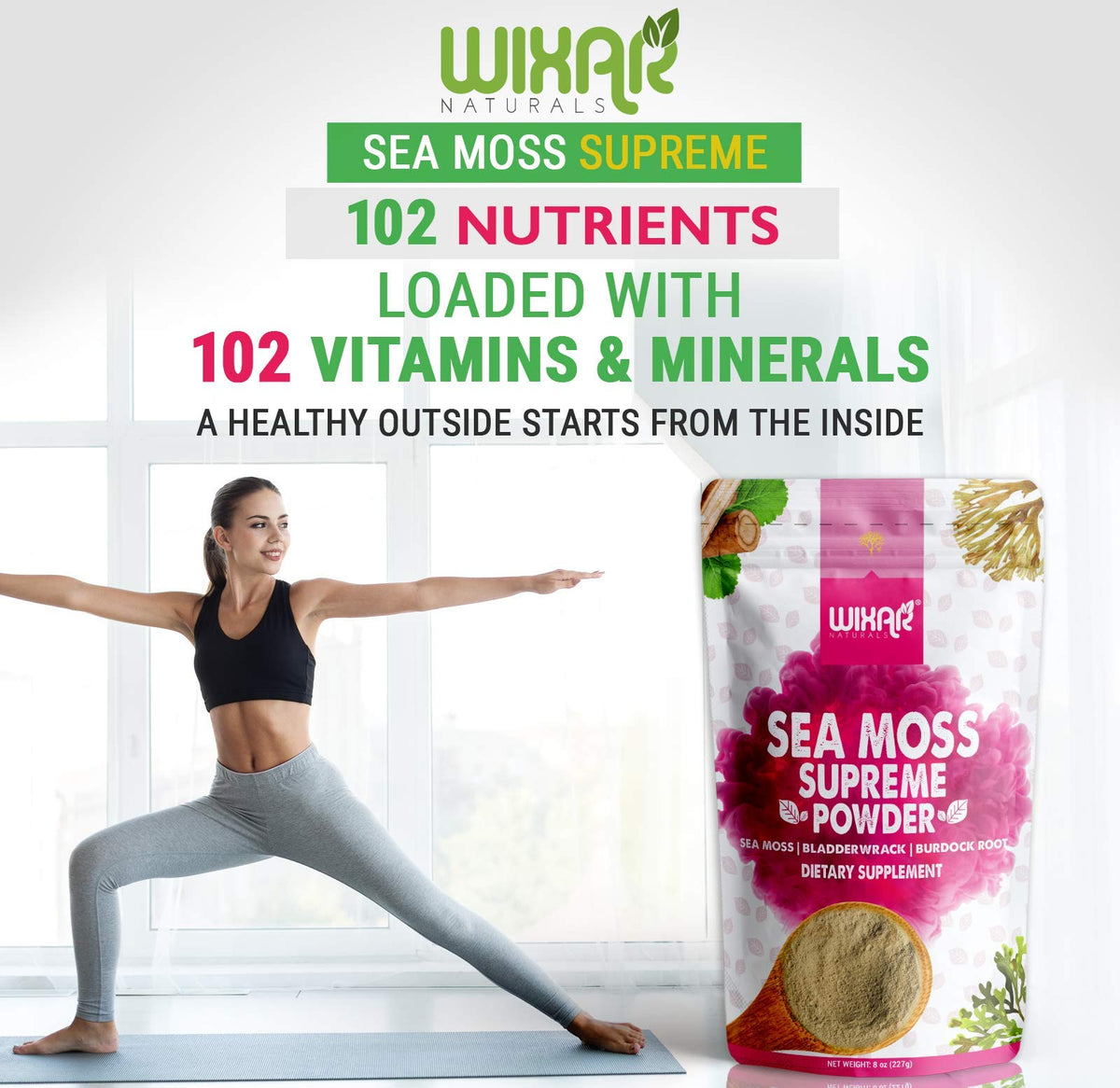Wixar Wildcrafted Sea Moss Powder - (8 Ounces) - Natural Irish Sea Moss and Bladderwra